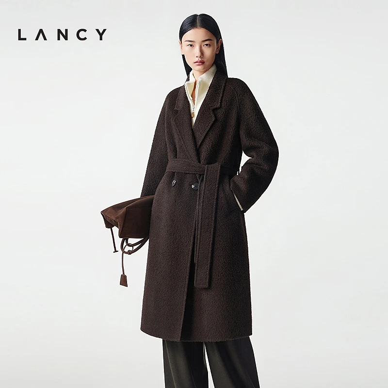 LANCY/朗姿2025冬新款羊毛羊驼毛老钱风双面呢长大衣女西装领外套