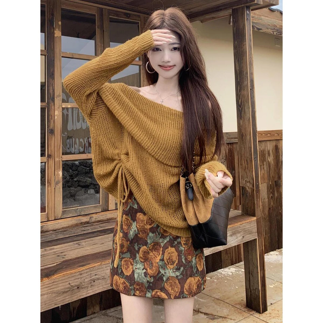 一字肩长袖碎花套装裙子女早秋季2025新款大方得体超火穿搭一整套