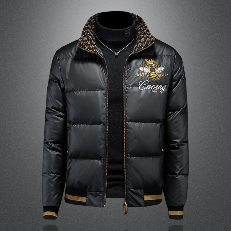 刺绣羽绒服男大码亮面外套加厚潮流2025冬季新款欧洲站轻薄白鸭绒