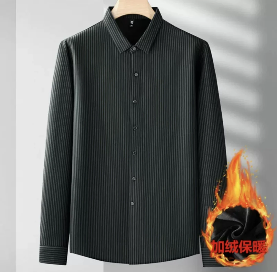 （含羊毛）男士羊毛条纹保暖衬衫长袖加绒无痕免烫轻奢时尚百搭休闲