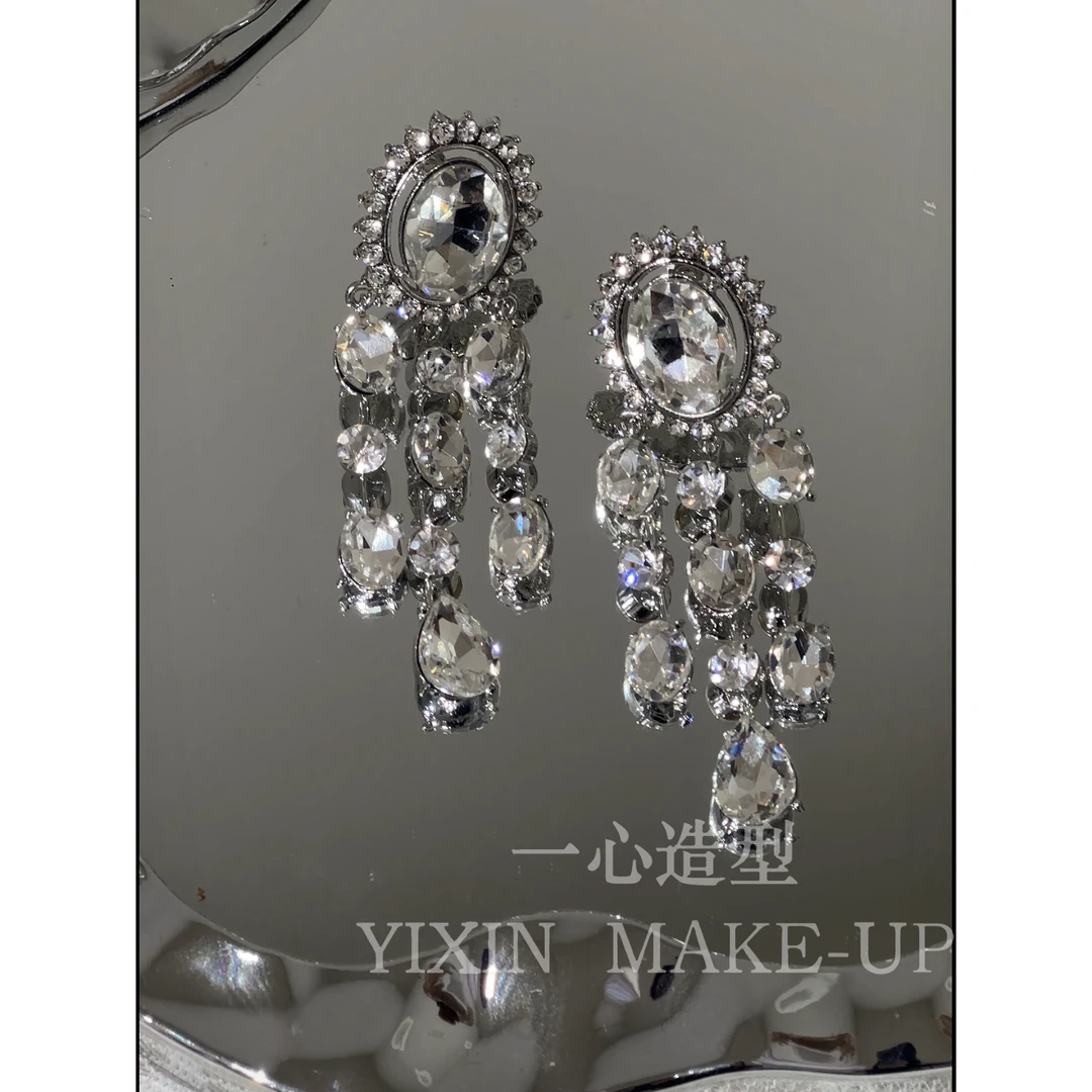 非金属合成锆石耳饰 3023同款超闪流苏钻钻新娘礼服耳夹