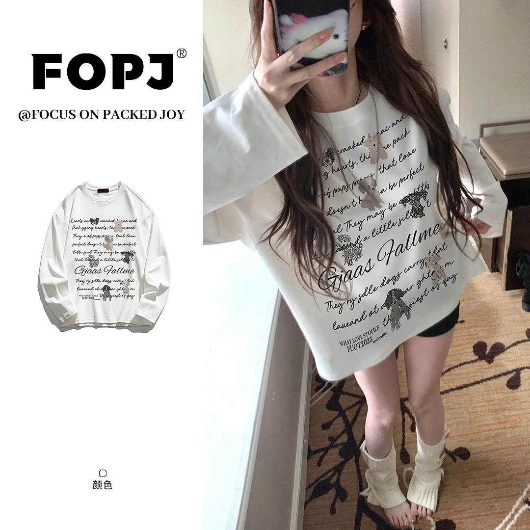 FOPJ美式甜辣妹纯棉长袖t恤女设计感休闲百搭圆领慵懒风打底上衣
