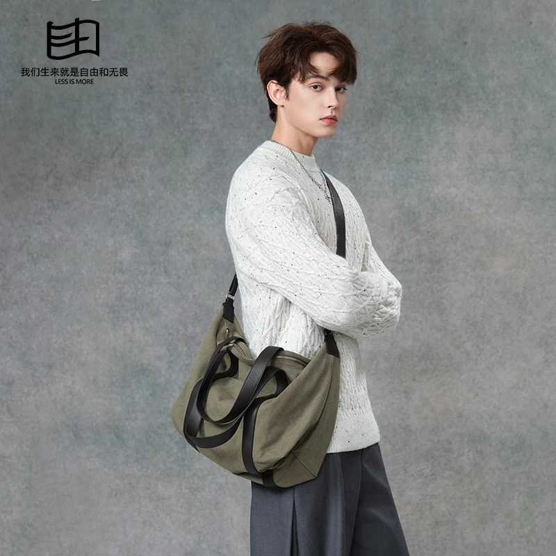 是自由啊 头层牛皮拼接帆布大容量托特包单肩大包健身旅行斜挎包