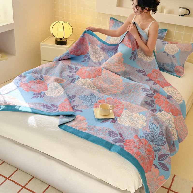 透气彩棉【纱布毛巾被】<繁花似锦-蓝>1.5X2m<±5cm> 毛巾被  单人