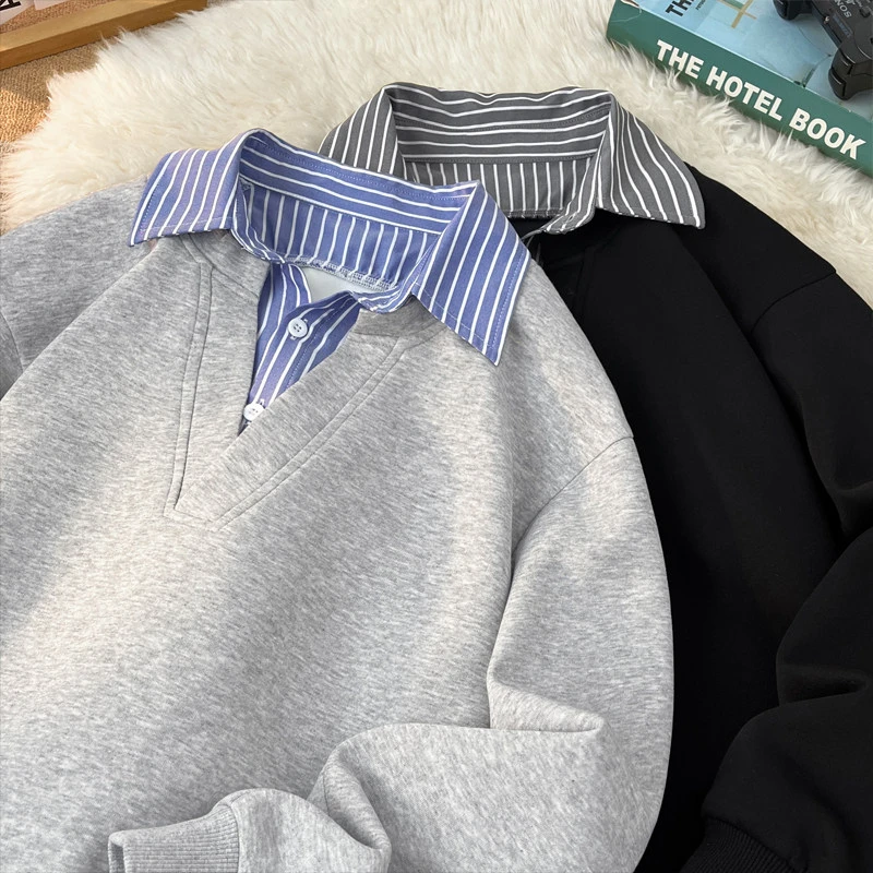 美式重磅假两件卫衣男秋季潮牌拼接格子衬衫领长袖T恤大码外套男