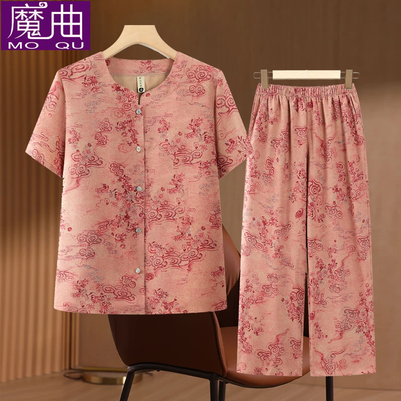 奶奶装夏装短袖套装中老年人女妈妈洋气衬衫两件套婆婆夏天衣服