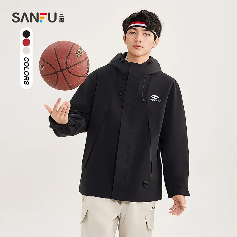 三福2025春季男士净版贴条夹克 休闲带帽微落上衣497676