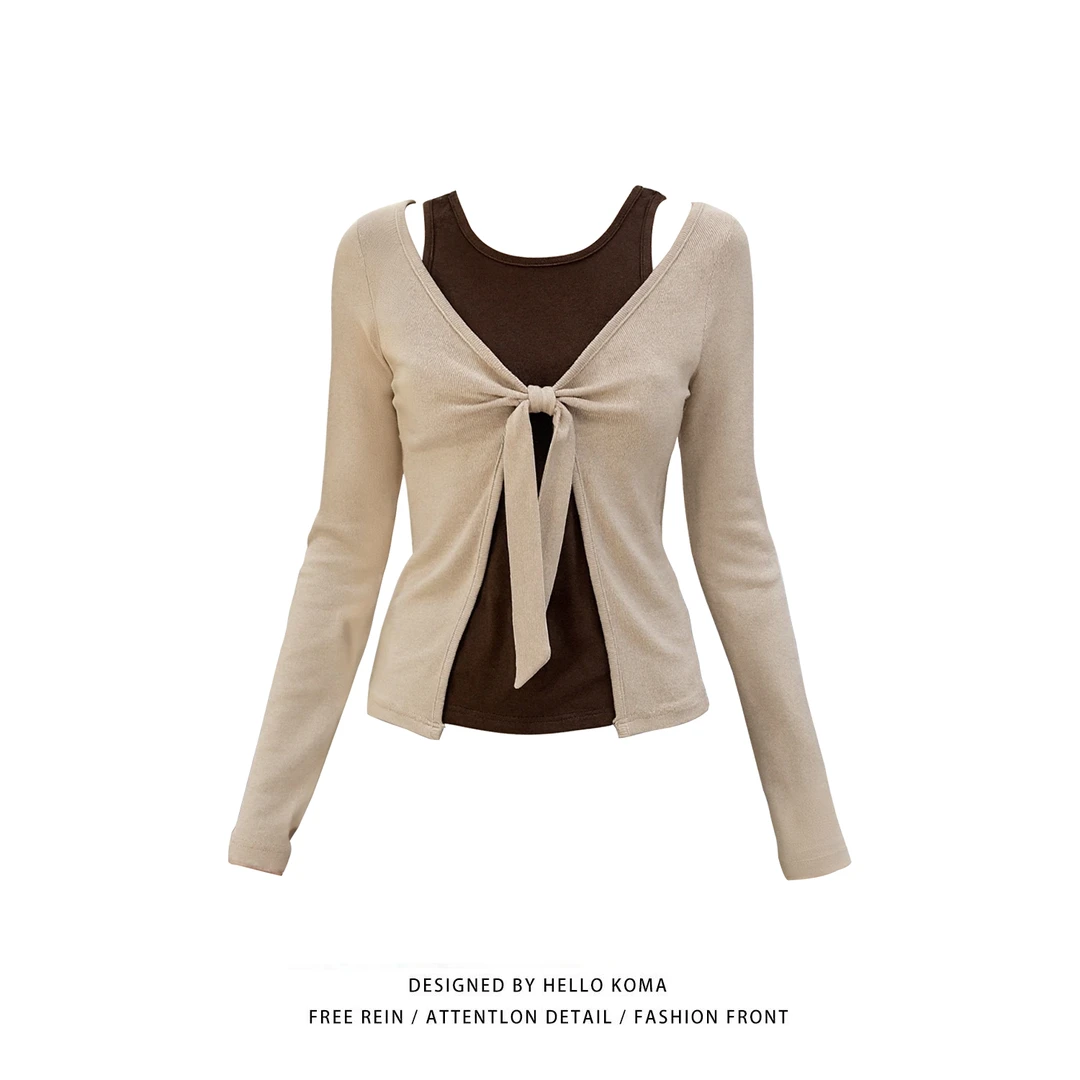 【知予衣】大码胖mm长袖打底衫秋季新款修身显瘦拼接假两件绑带上衣