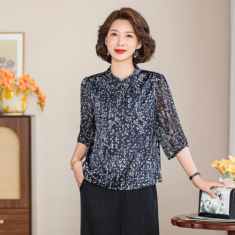 齐黛品牌品牌桑蚕丝真丝上衣女2025春夏新款印花洋气减龄妈妈衬衫