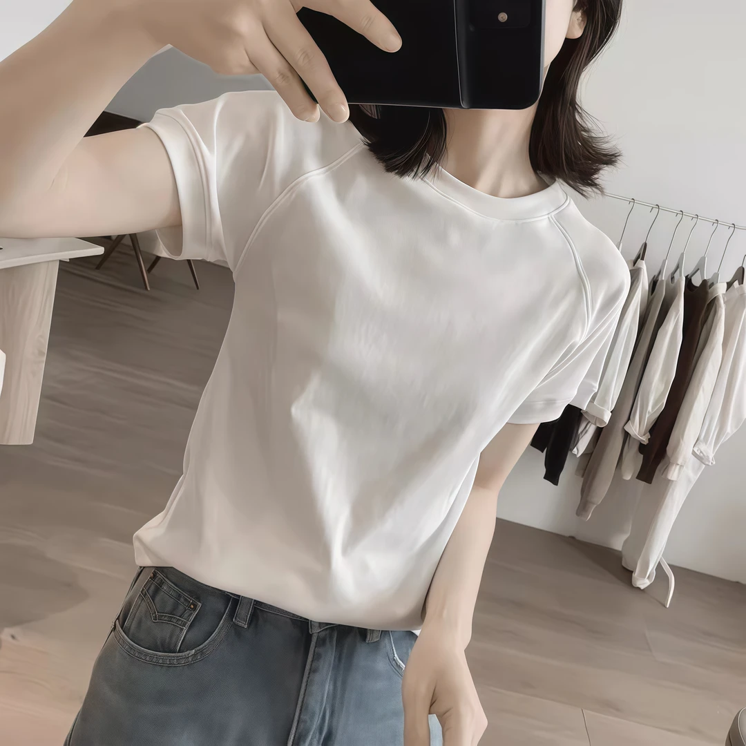 纯色小众圆领t恤女短袖百搭休闲宽松打底衫时尚白色纯棉上衣T恤
