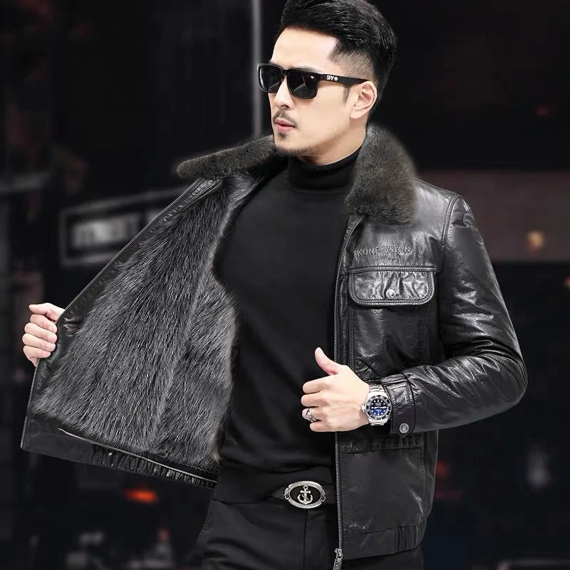 【保暖】男士时尚休闲真皮加绒皮夹克秋冬休闲短款皮衣保暖翻领