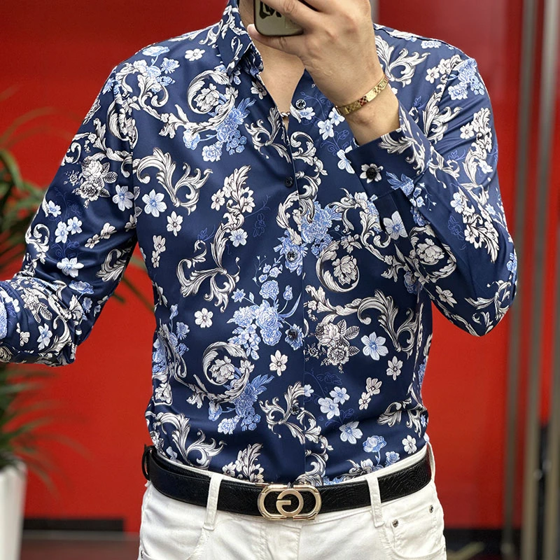 男士修身免烫长袖潮流时尚男装免烫抗皱印花衬衫帅气韩版男士