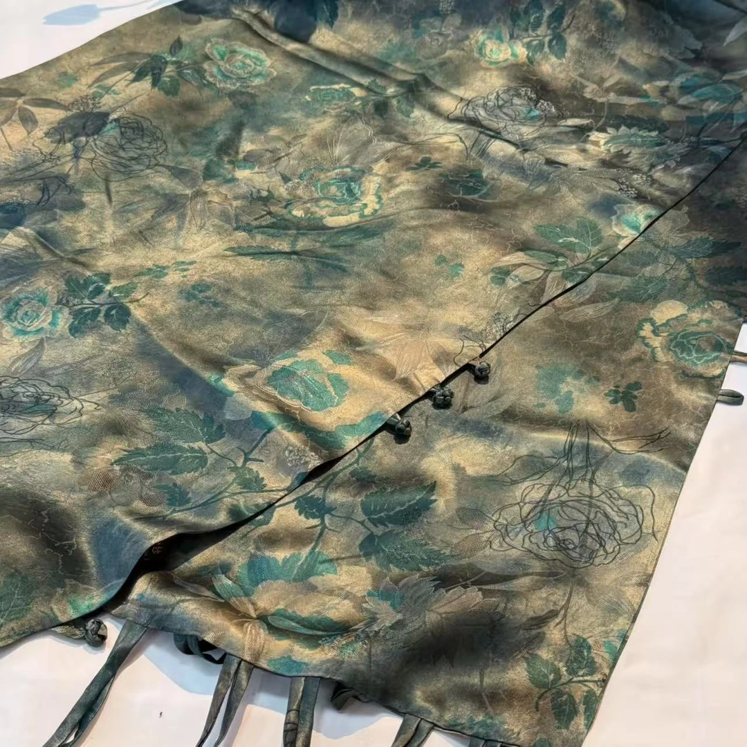 香云纱重缎长巾-冰川玫瑰 流苏盘扣53*200cm丝巾