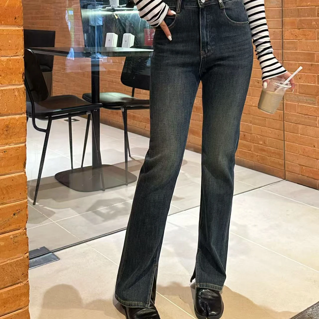 D50405新款复古蓝微喇叭高腰弹力修身显瘦牛仔长裤