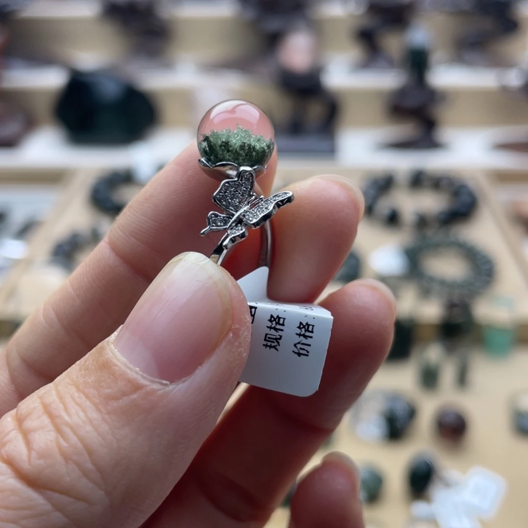 水晶戒指银S925镶嵌绿幽灵聚宝盆单珠戒指