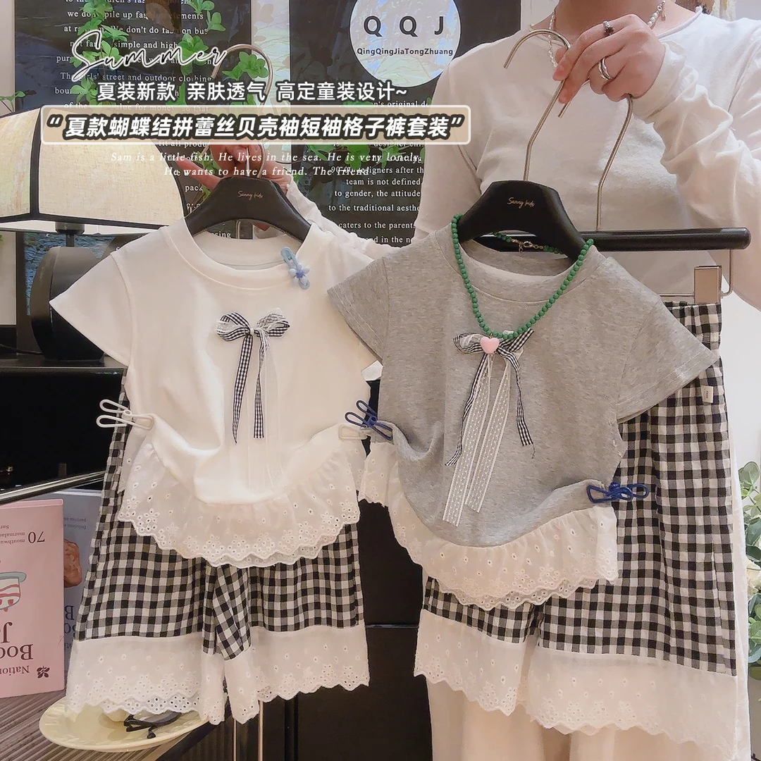 新款蝴蝶结女童夏季a类韩版洋气时髦爆款阔腿裤长款格子两件套