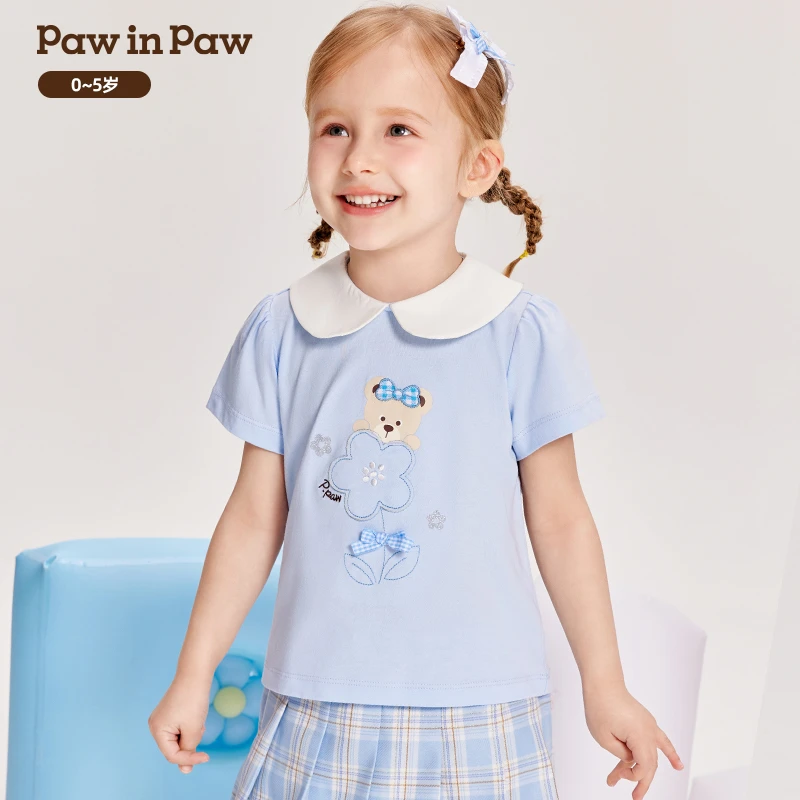 PawinPaw卡通小熊童装夏季女宝纯棉短袖拼接儿童T恤甜美