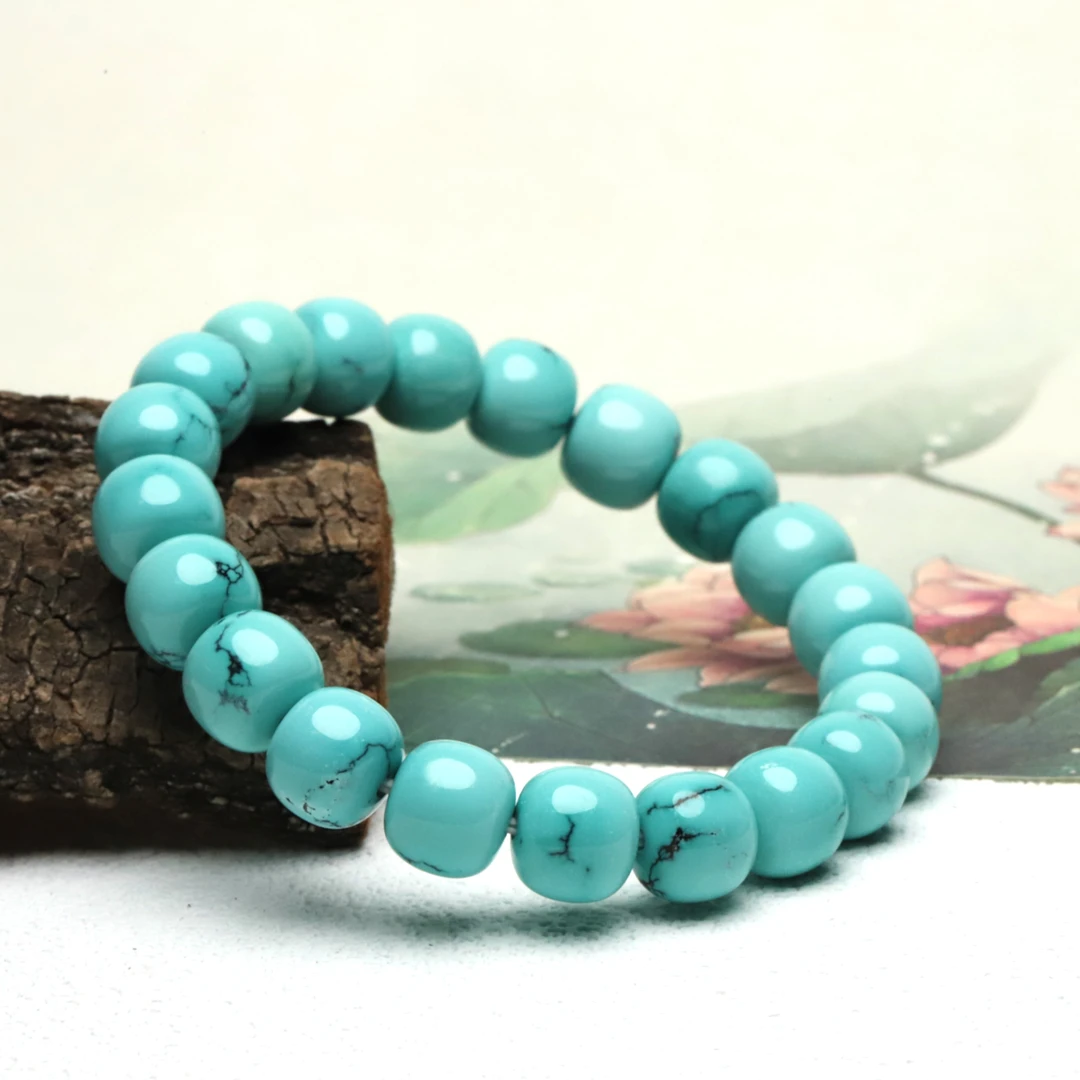 天然原矿绿松石高瓷精品水草纹老型手串