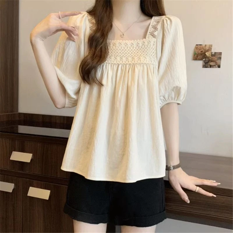 大码女装胖夏季新款2024法式方领衬衫百搭气质镂空娃娃睡衣