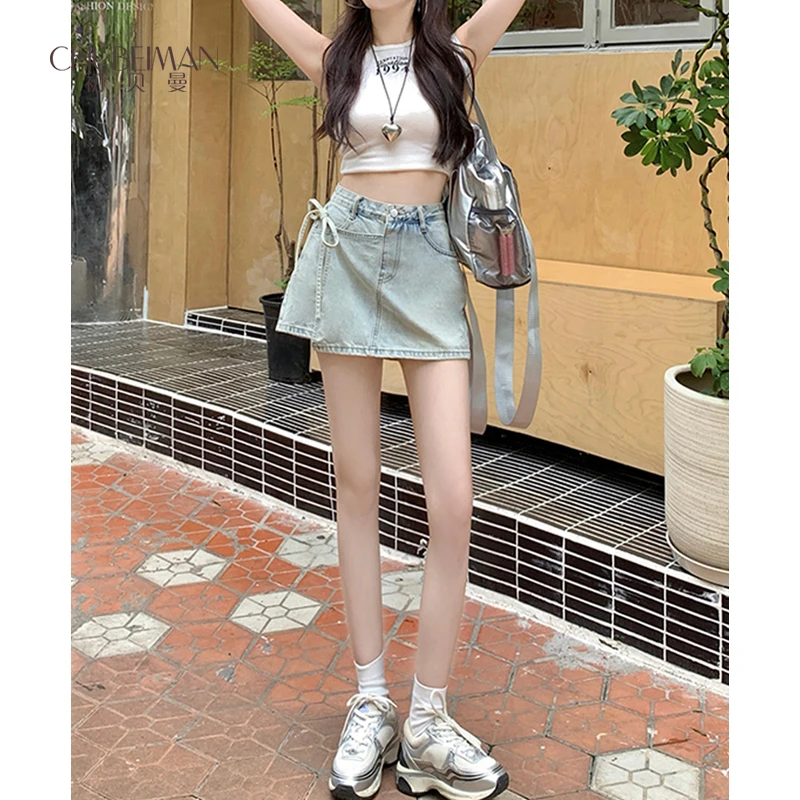 【小个子定制】假两件牛仔女高腰显瘦防走光设计辣妹裙裤绑带绳