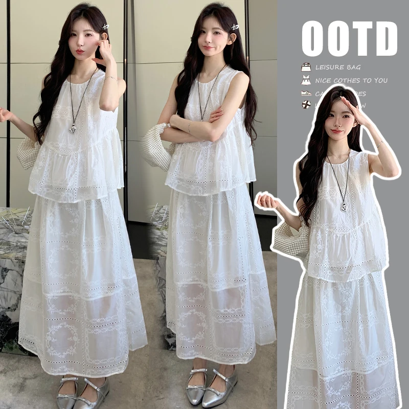 孕妇装夏装2025新款夏季外穿刺绣无袖娃娃衫上衣半身裙猪鼻扣裙子