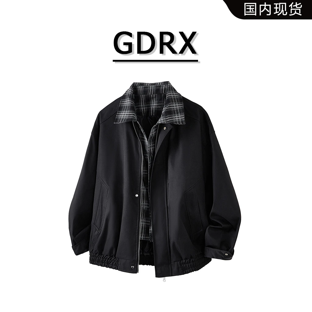 GDRX港风翻领潮流夹克2025秋季假两件拼接格子痞帅宽松上衣外套