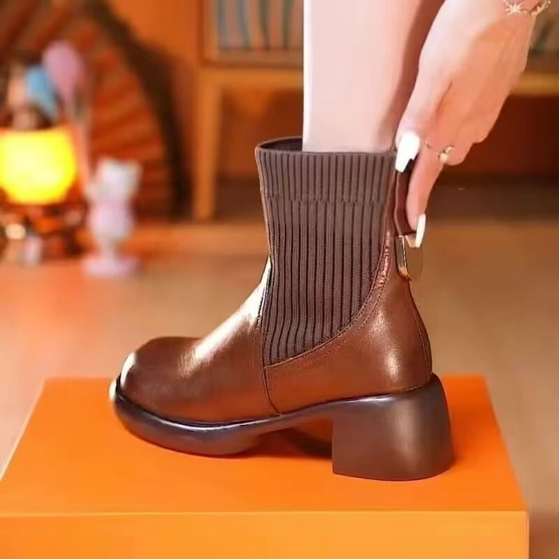 马丁靴女厚底弹力短靴2024冬季新款粗跟英伦风后拉链袜子靴