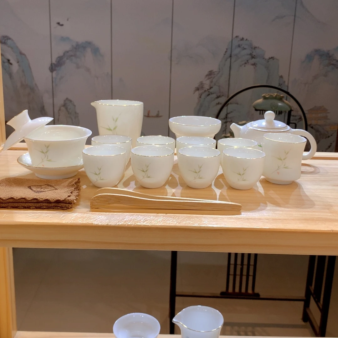羊脂玉瓷竹报平安16件套功夫茶具