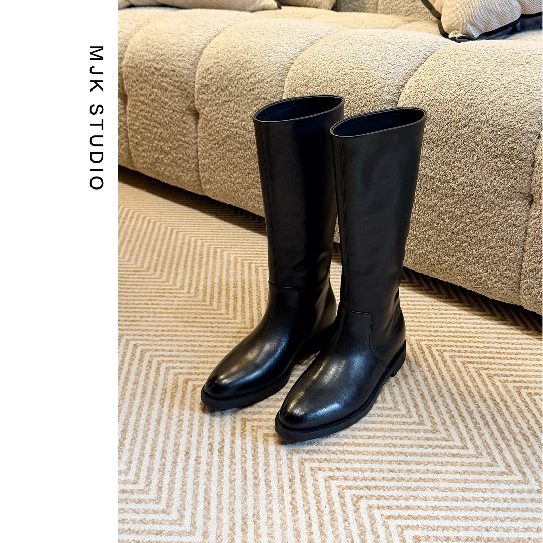 【修腿神器】胎牛皮真皮时装靴平底显瘦骑士靴显瘦套筒靴高筒靴女