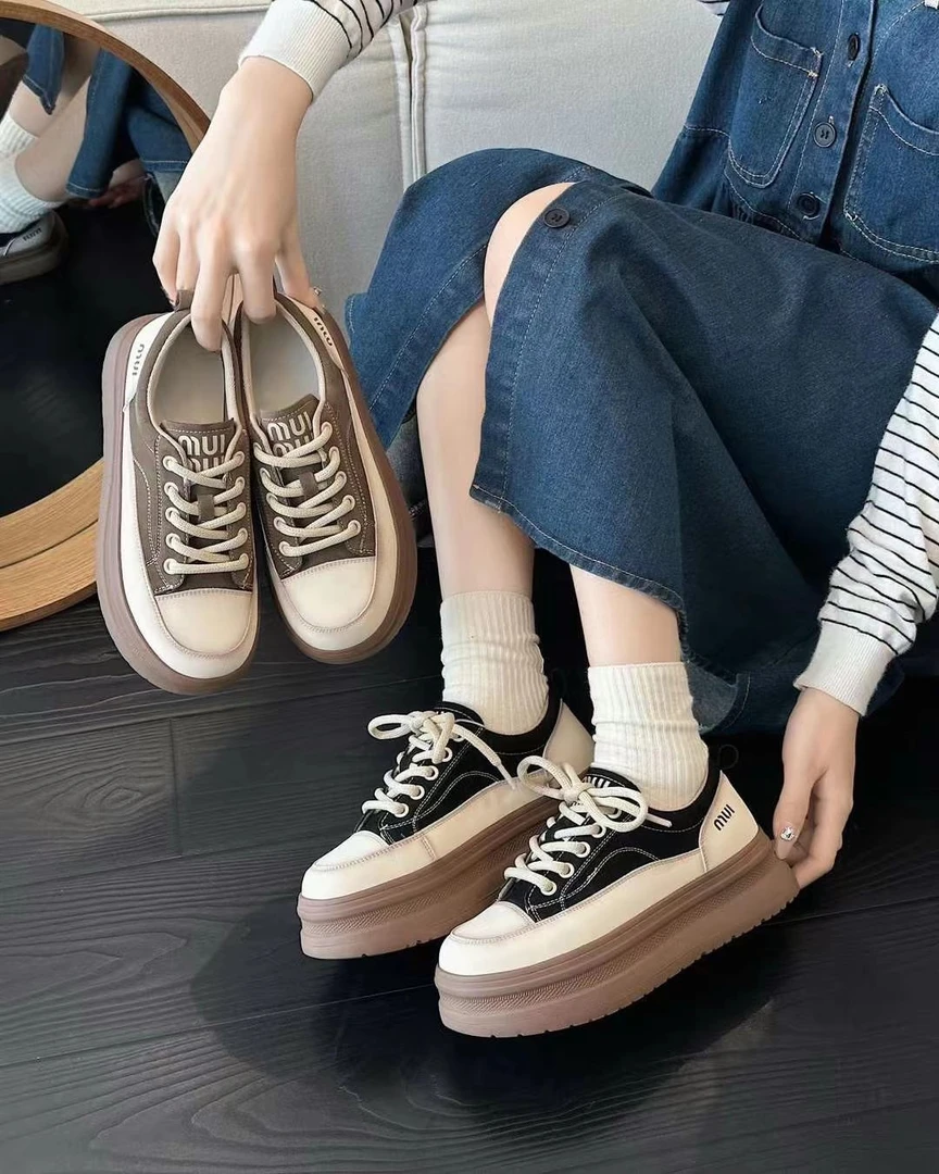 港风复古拼色真皮板鞋2024秋冬季新款厚底休闲鞋YCS 098-1