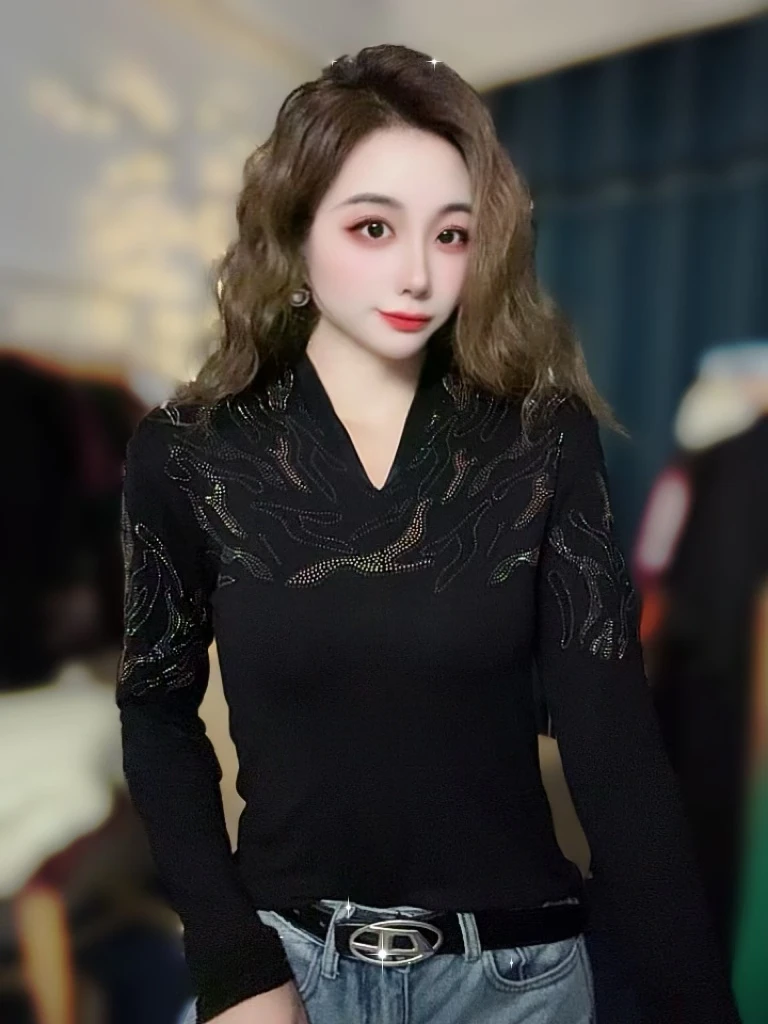 3312【春秋款】波纹打底衫女装欧货重工烫钻长袖T恤上衣女