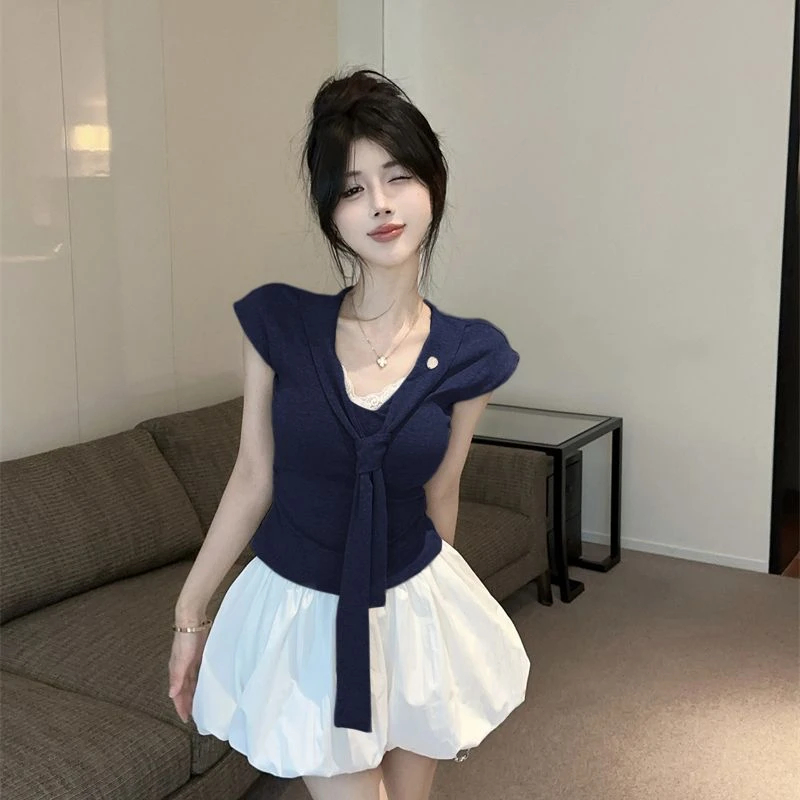 海军领系带蕾丝拼接无袖修身T恤+花苞半身裙2025夏季两件套装女