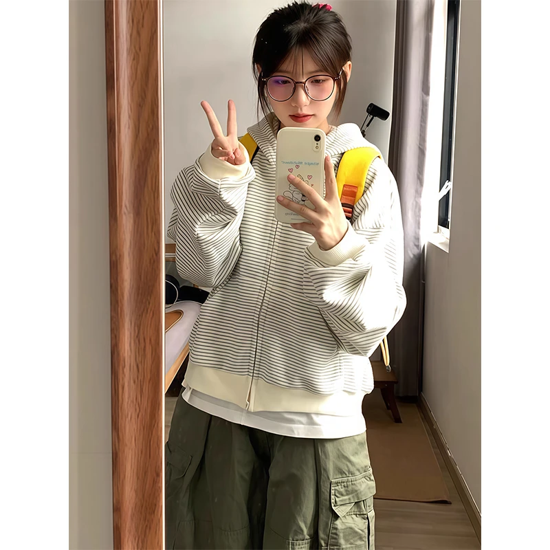 美式复古慵懒风条纹连帽卫衣女春秋2025新款小狗刺绣拉链开衫外套