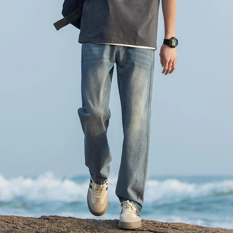 夏季男士牛仔裤微弹力纽扣长裤做旧设计ins风美式高街潮流大码