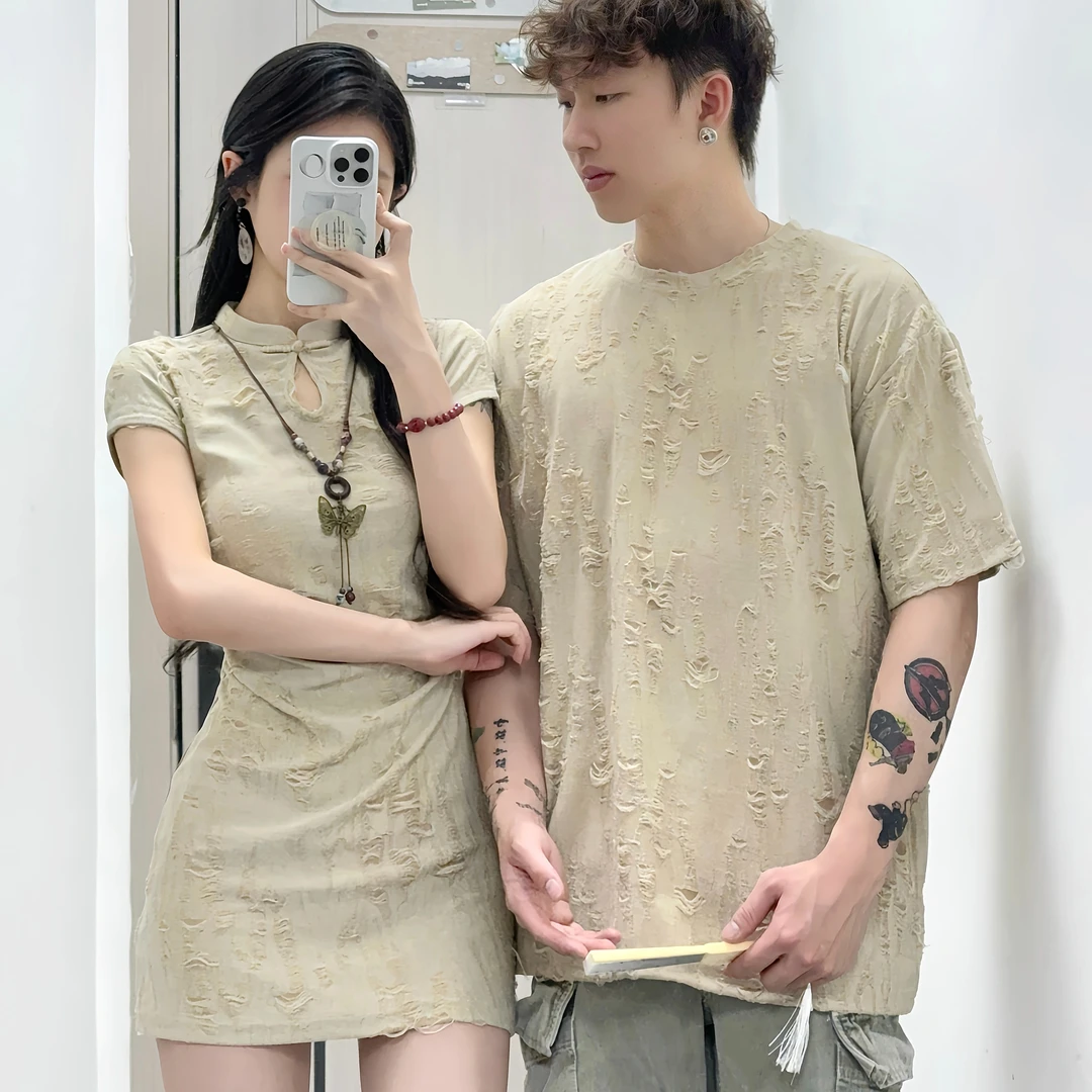 情侣夏天一男一女新中式复古无袖破洞修身包臂收腰连衣裙短袖t恤