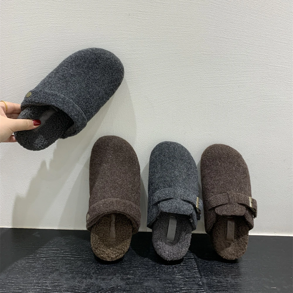 厚底毛呢勃肯鞋包头半拖鞋女秋冬懒人鞋一脚蹬毛毛拖女鞋乐福鞋