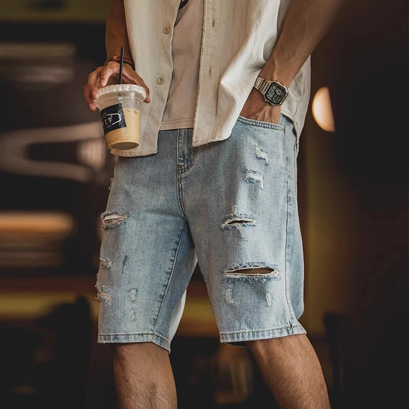 浅蓝色破洞牛仔短裤男夏季新款美式复古水洗五分裤直筒中裤