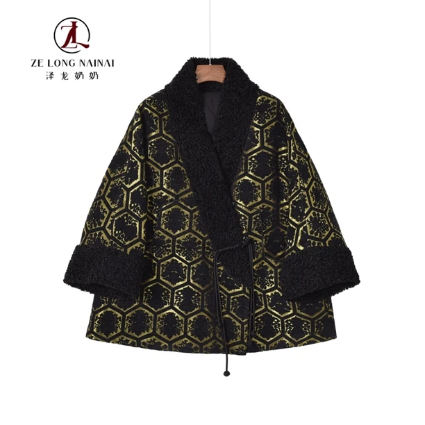 9939八宝纹时尚新中式加棉外套黑金提花复古加厚棉服