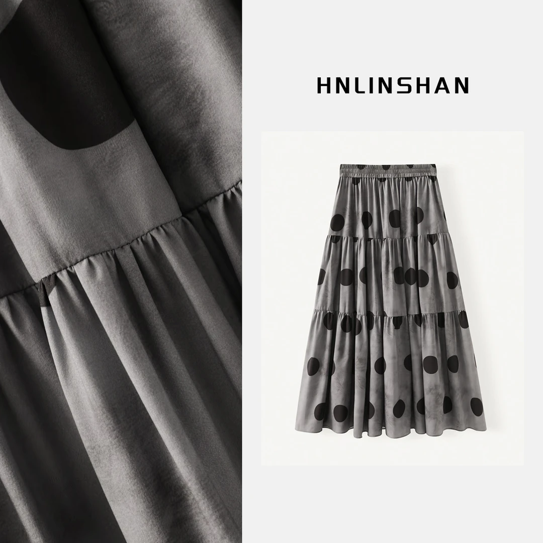 HNLINSHAN【碎点】松紧碎褶复古波点垂坠半裙BXQ1029