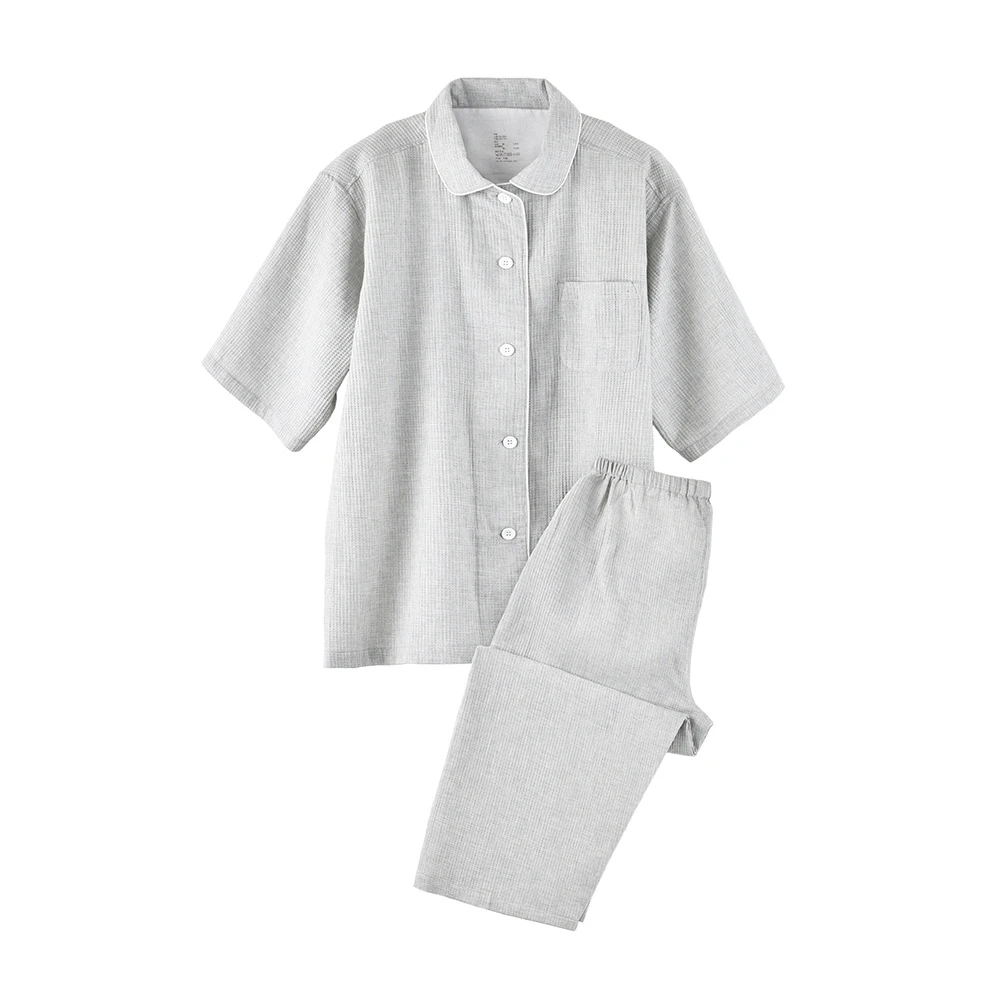 棉华夫格无侧缝短袖家居睡衣女款半袖七分裤男款短袖短裤薄款