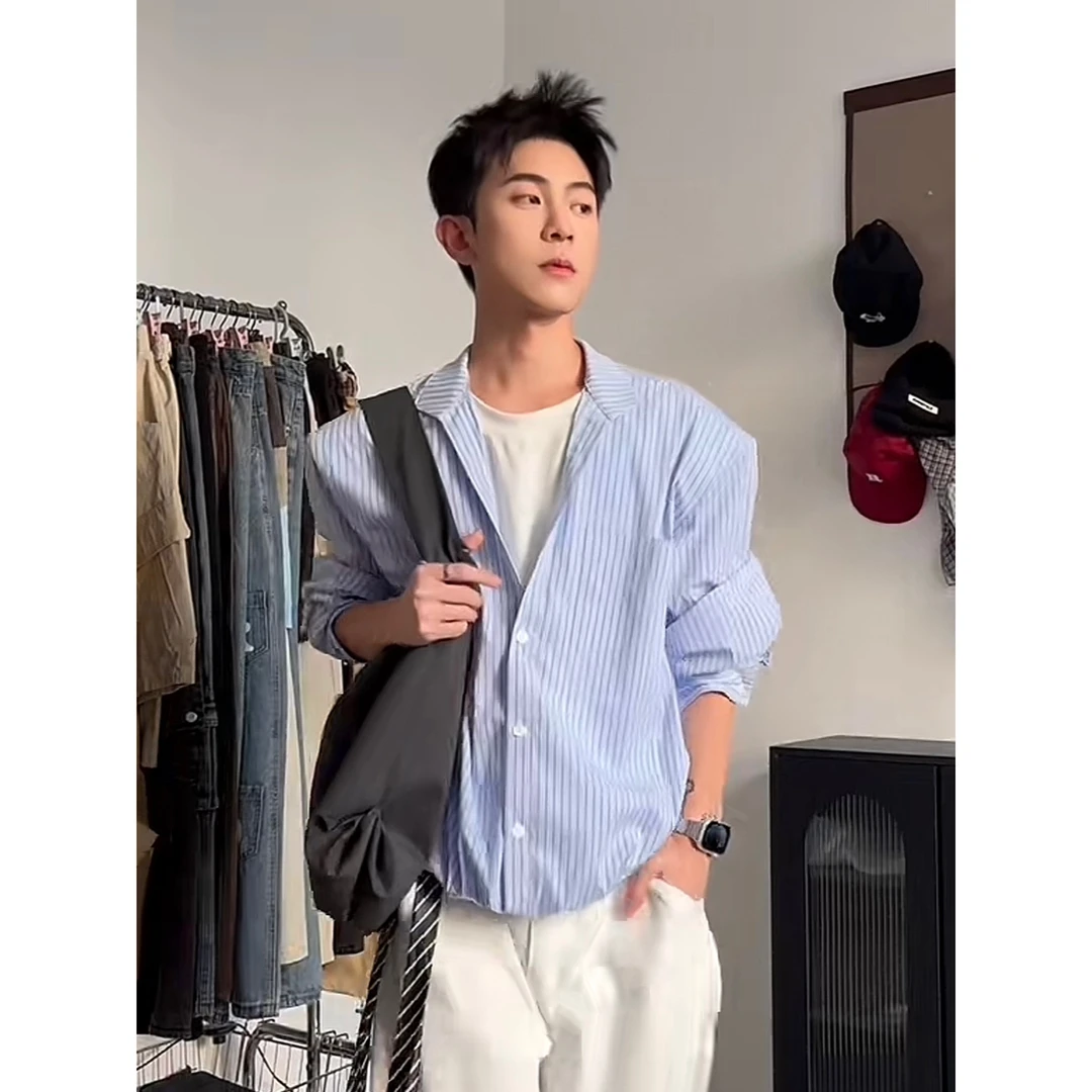QIUYIDAODI秋季条纹衬衫男宽松休闲极简风衬衣男潮牌潮流男生上衣