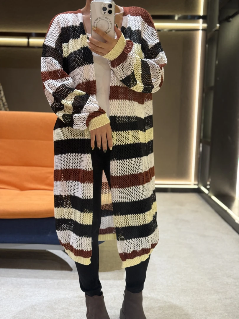 彩色条纹长款温柔风针织开衫毛衣E9588