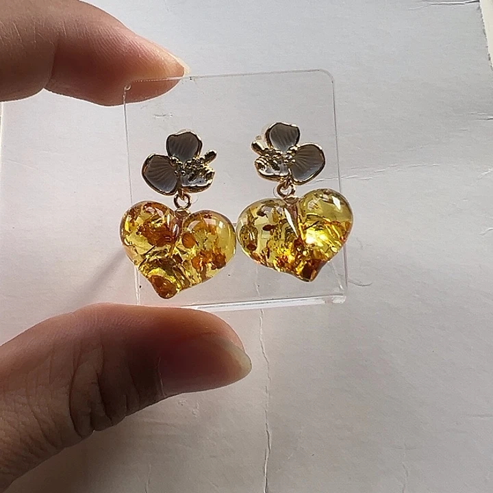 琥珀（花珀）银S925镶嵌耳饰