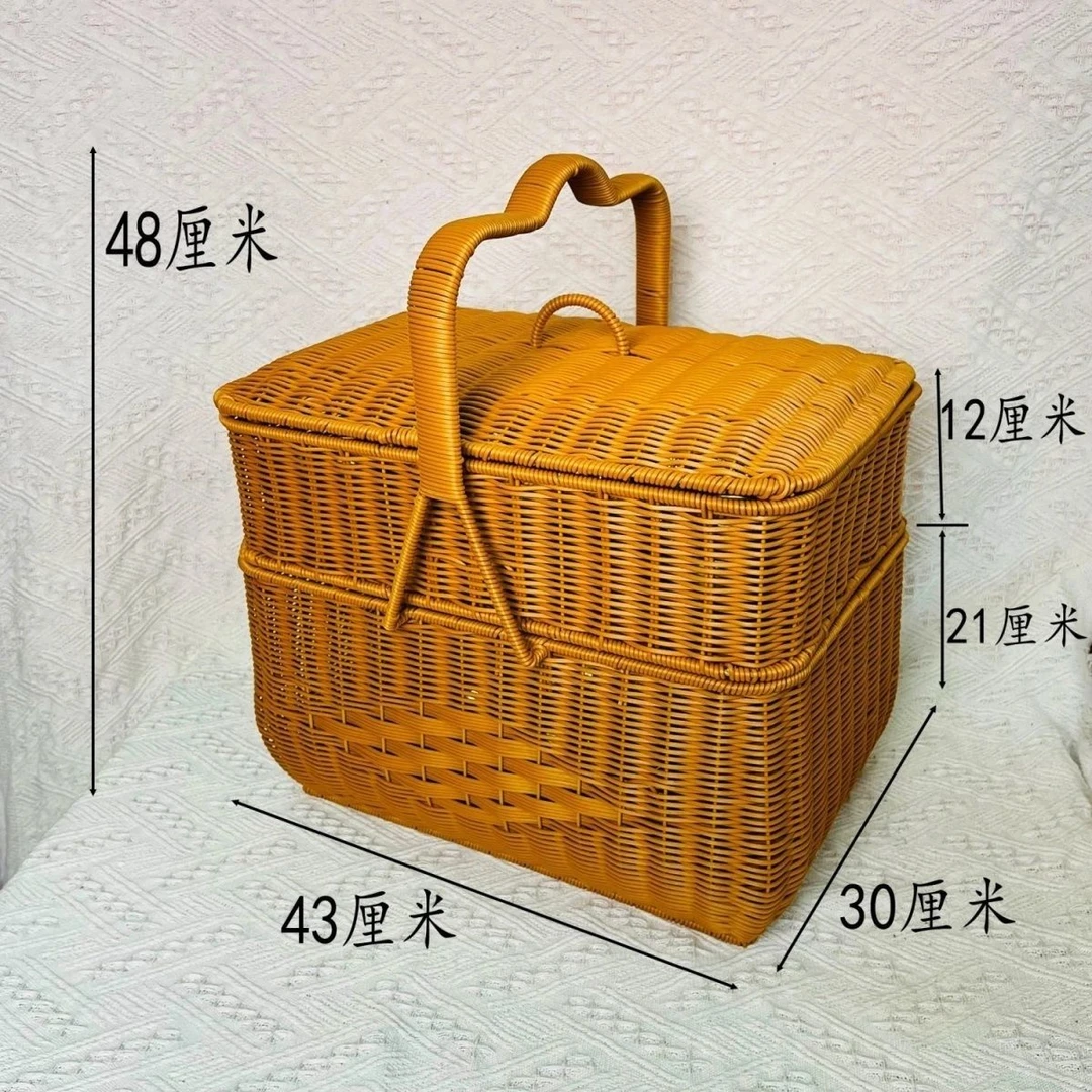 K01特大号拜拜篮野餐篮家用长方形双层餐篮拜神过年装鸡装鸭仿藤