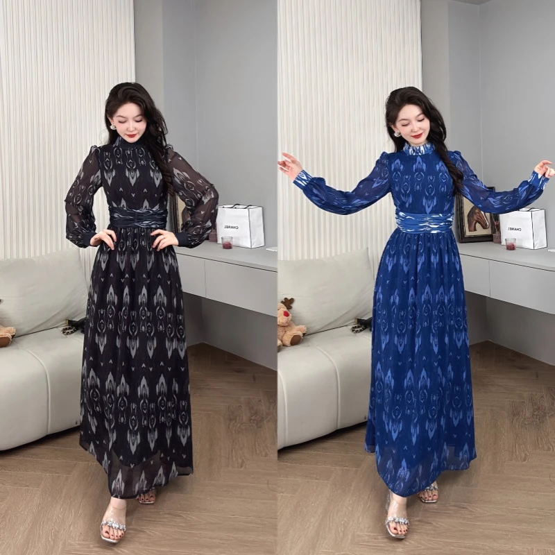 Saeda品牌女装艾德莱斯印花显瘦修身褶皱连衣裙YF4186