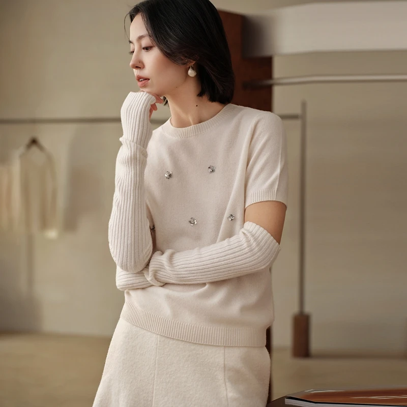 25015 正品 纯山羊绒衫女圆领短袖钉珠重工艺 舒适柔软轻盈袖套
