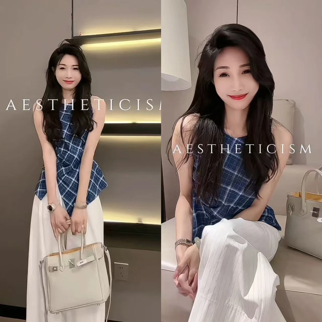 【美熙定制】6510 无袖蓝色格子衬衫