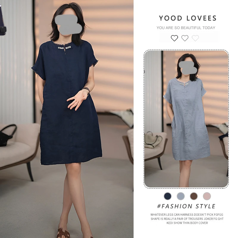 欧洲站小飞袖直筒连衣裙女夏季2025新款显瘦设计感气质圆领中长裙