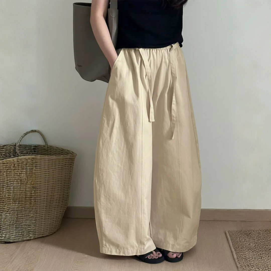 卡其色休闲裤女2025年新款韩系松弛感胖mm设计感抽绳廓形阔腿裤子