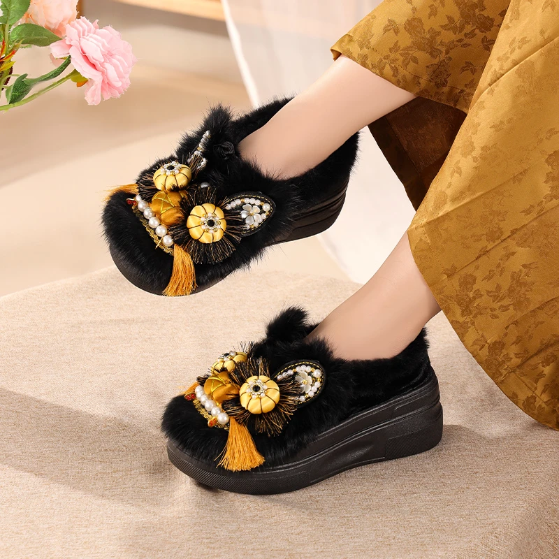 冬季手工加绒厚底虎头鞋中国风松糕底老北京布鞋复古汉服绣花棉鞋